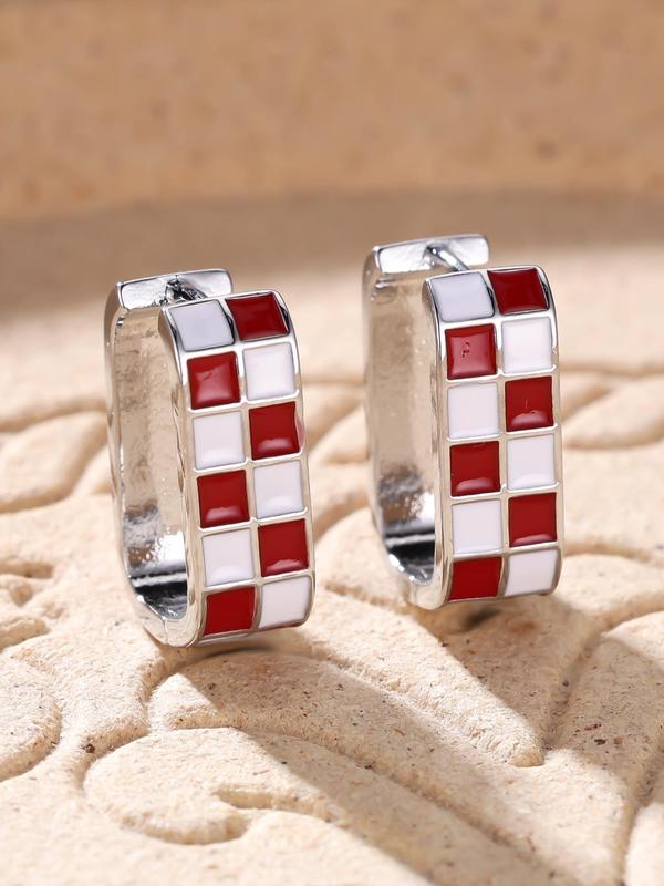 Checkerboard Pattern Hoop Earrings, Casual Enamel Drip Earring Clip for Women for Party, Daily Decor, Trendy All-match Luxury Jewelry for Gift, Fall Outfits, Fall Freshness