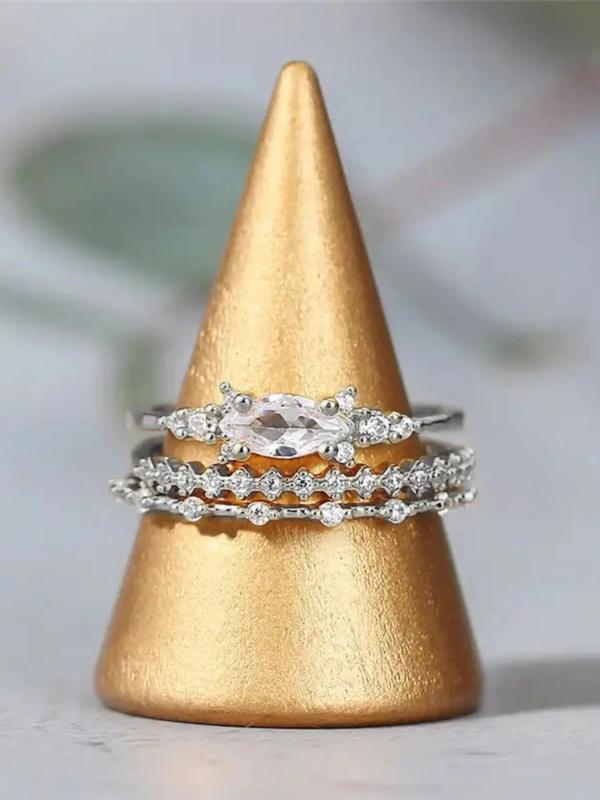 Women's Elegant Rhinestone Decor Promise Stack Rings, 3pcs/set Trendy Exquisite Engagement Rings, Chic Fashionable Jewelry As Gift for Women and Girls, for Fall Fall Sets