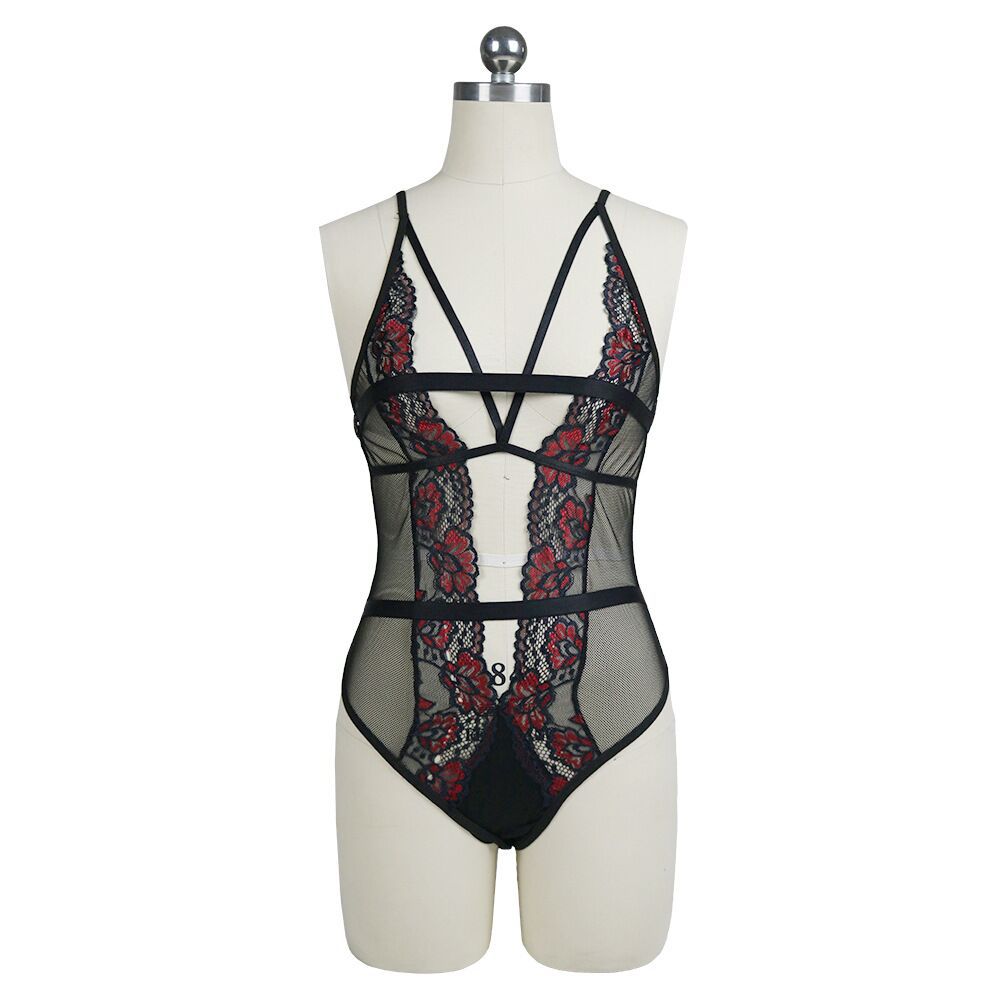 Sheer Mesh Lace Embroidered Bodysuit with Straps for Women - Sexy Hollow-Out Lingerie