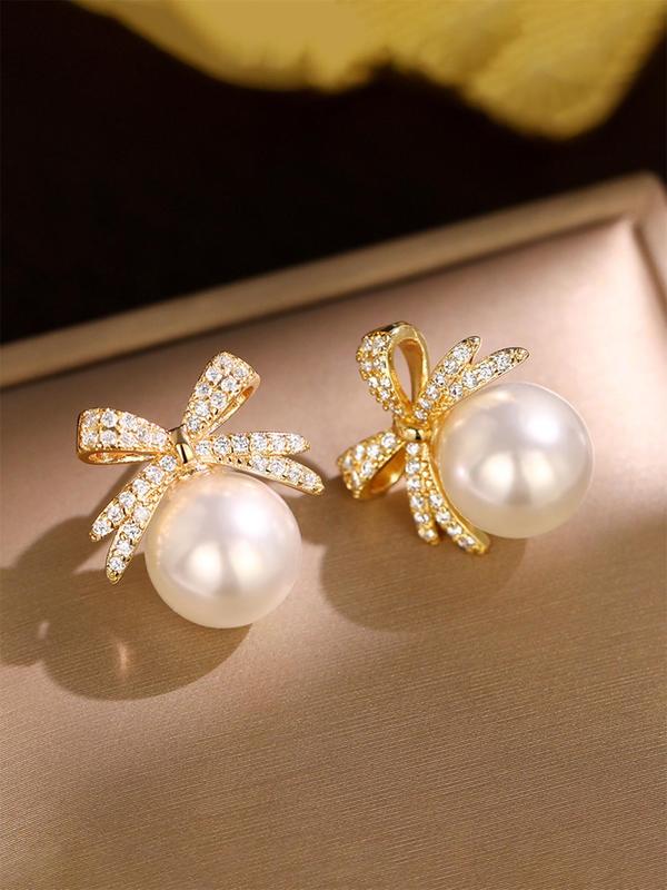 Summer Faux Pearl & Rhinestone Decor Bow Design Dangle Earrings, Elegant Jewelry for Women for Party, Daily Clothing Decor, Trendy Jewelry As Gift