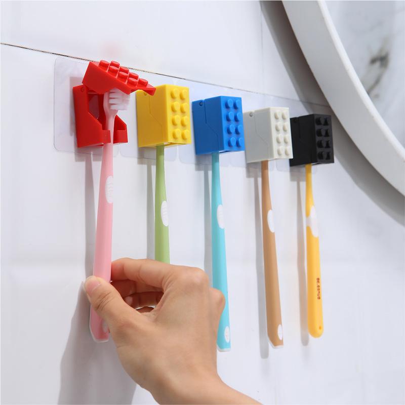 4PCs Building Blocks Shape Wall-Mounted Toothbrush Holder Bathroom Multifunctional U-Shaped Card Slot Toothbrush Draining Storage Rack