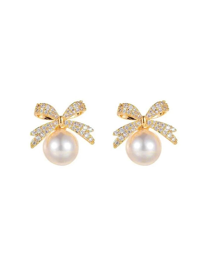 Summer Faux Pearl & Rhinestone Decor Bow Design Dangle Earrings, Elegant Jewelry for Women for Party, Daily Clothing Decor, Trendy Jewelry As Gift