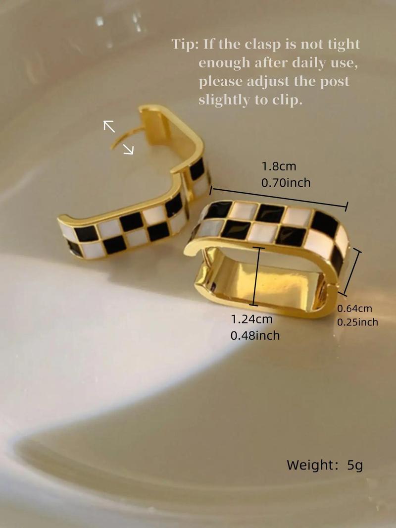 Checkerboard Pattern Hoop Earrings, Casual Enamel Drip Earring Clip for Women for Party, Daily Decor, Trendy All-match Luxury Jewelry for Gift, Fall Outfits, Fall Freshness