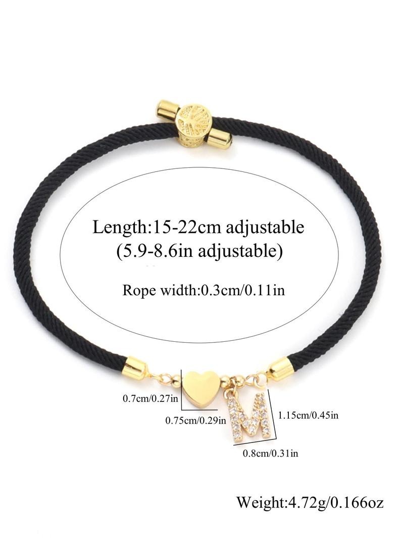 Initial Heart Charm Link Bracelet, Fashion All-match Jewelry for Women, Retro Adjustable Rope Bracelet for Daily Use