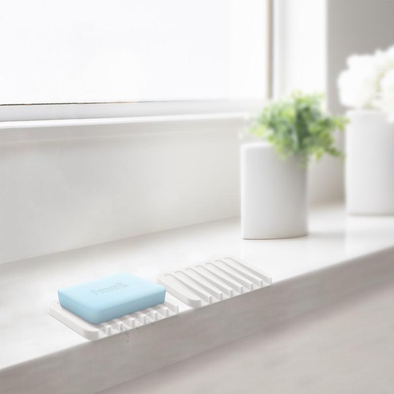 Anwenk Soap Dish Shower Waterfall Soap Tray Soap Saver Soap Holder Drainer Flexible Silicone for Shower/Bathroom/Kitchen/Counter Top,Keep Soap Bars Dry Clean,Easy Cleaning-White,2Pack