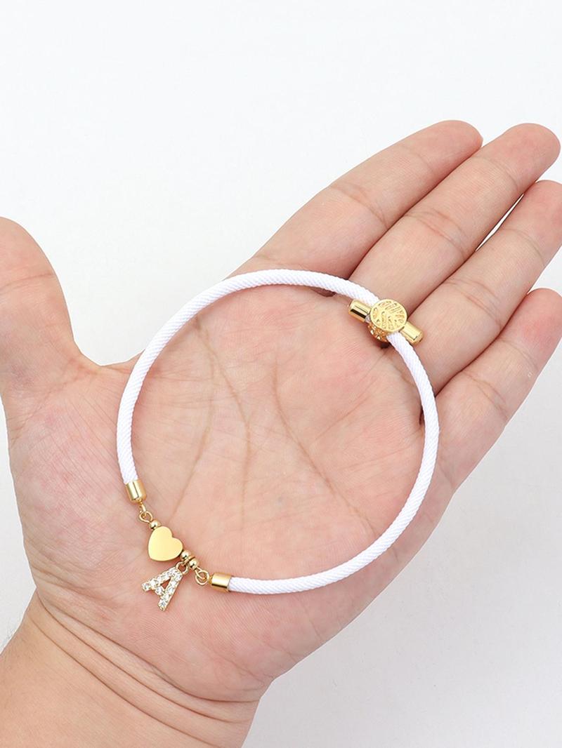 Initial Heart Charm Link Bracelet, Fashion All-match Jewelry for Women, Retro Adjustable Rope Bracelet for Daily Use