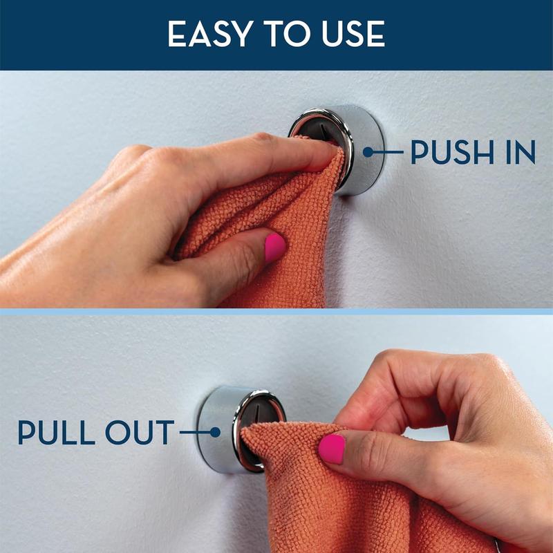 Round Adhesive Push Towel Hooks for Kitchen, Hand and Dish Towels, Grey, 4 Pack Organiser
