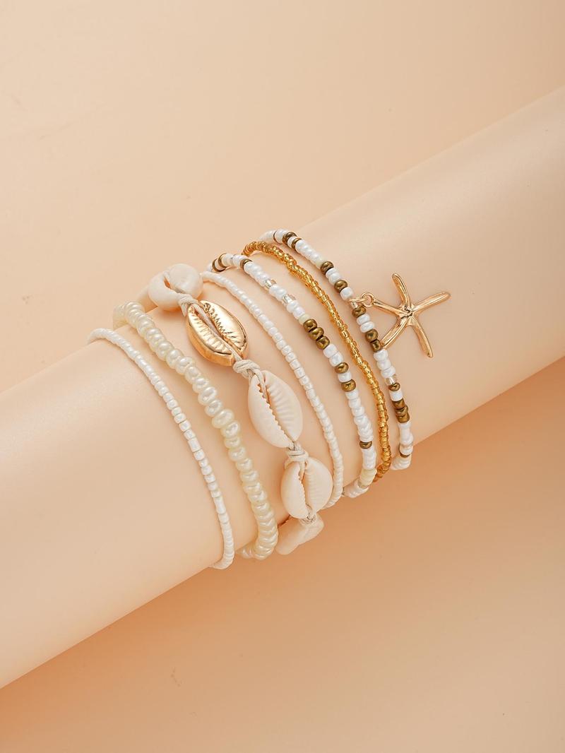 Shell & Star Decor Beaded Anklet, Fashionable Faux Pearl Decorated Anklet for Women & Girls, Style for Birthday Gift Back To School