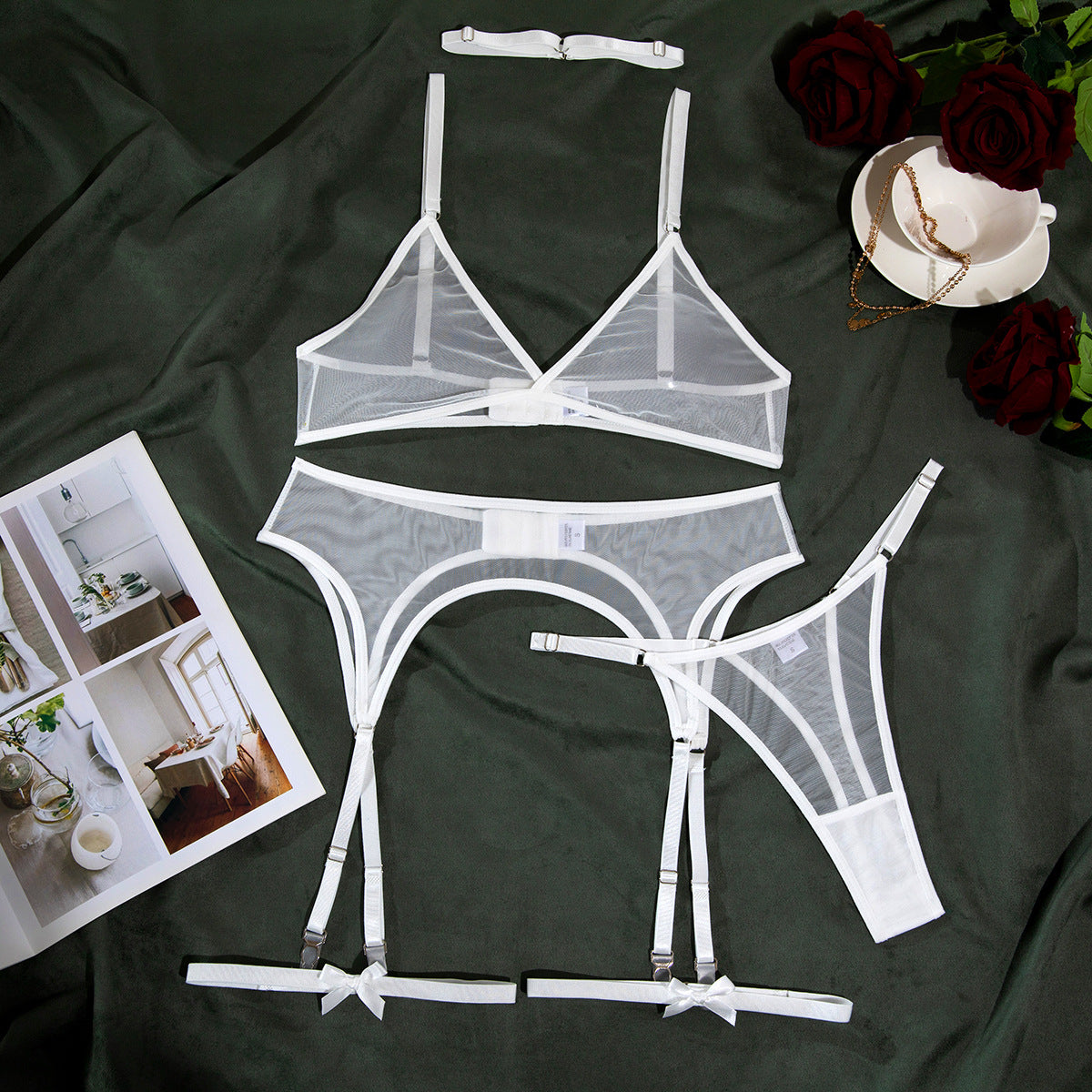 New Arrival Sexy Netted Bra Set with Bow and No-Underwire - 5-Piece with Cape for Women | Perfect for Date Night