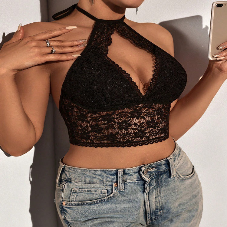 Sexy Women's Lace Deep V Bra with Hollow Out Back, Neck-Hanging, and See-Through Innerwear for Couples | Valentine's Day Gift
