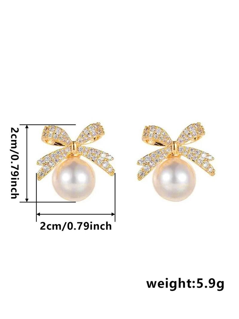 Summer Faux Pearl & Rhinestone Decor Bow Design Dangle Earrings, Elegant Jewelry for Women for Party, Daily Clothing Decor, Trendy Jewelry As Gift