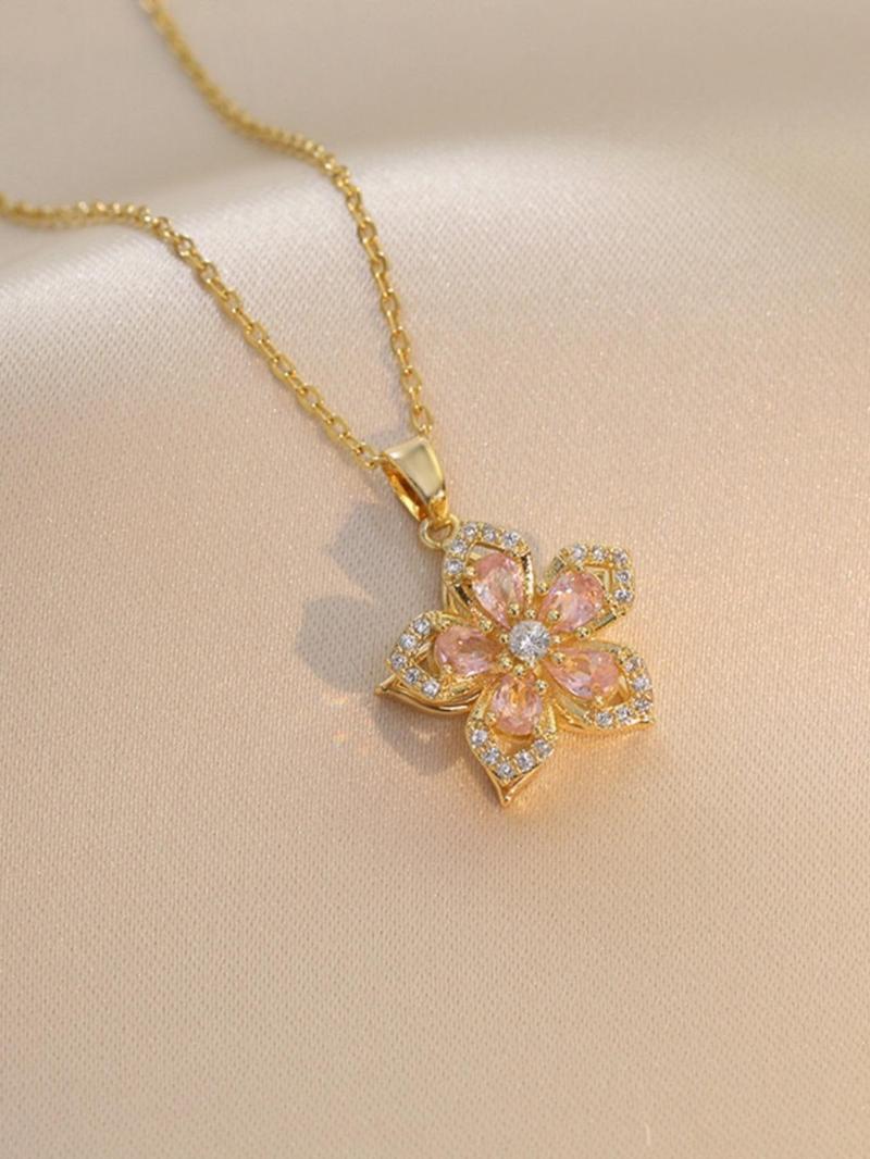 Rotatable Flower Design Pendant Necklace for Women, Summer Rhinestone Decor Necklace for Party, Daily Clothing Decor, Trendy & Exquisite Jewelry for Holiday Parties, Fall Outfits, Fall Freshness, 90s Minimalism, Pink Charm