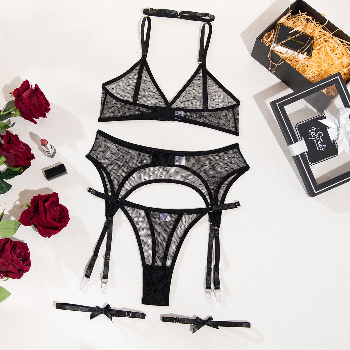 New Arrival Sexy Netted Bra Set with Bow and No-Underwire - 5-Piece with Cape for Women | Perfect for Date Night