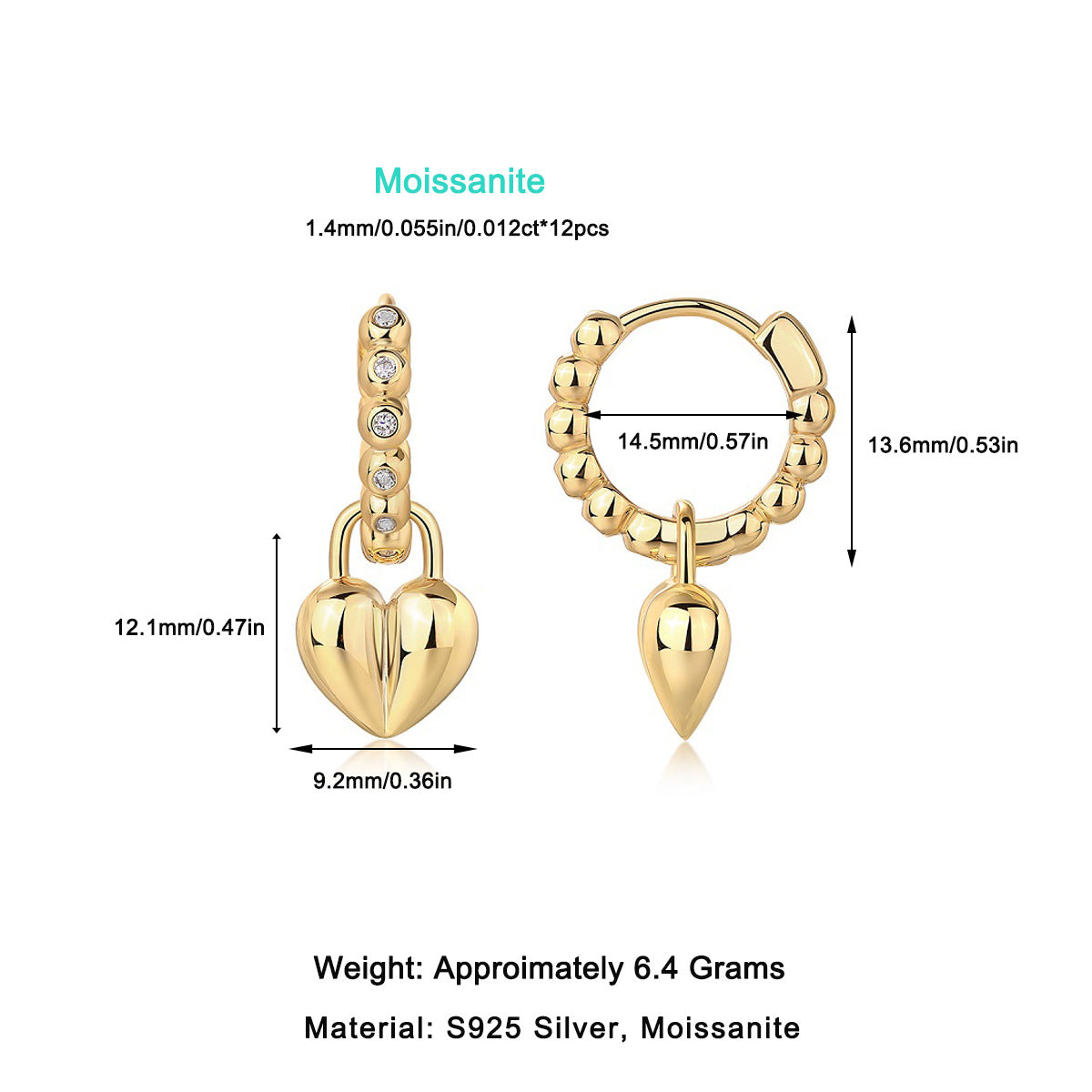 Heart-Shaped Moissanite Earrings for Women High-End Ins Style Gold Hoop S925 Silver Earrings