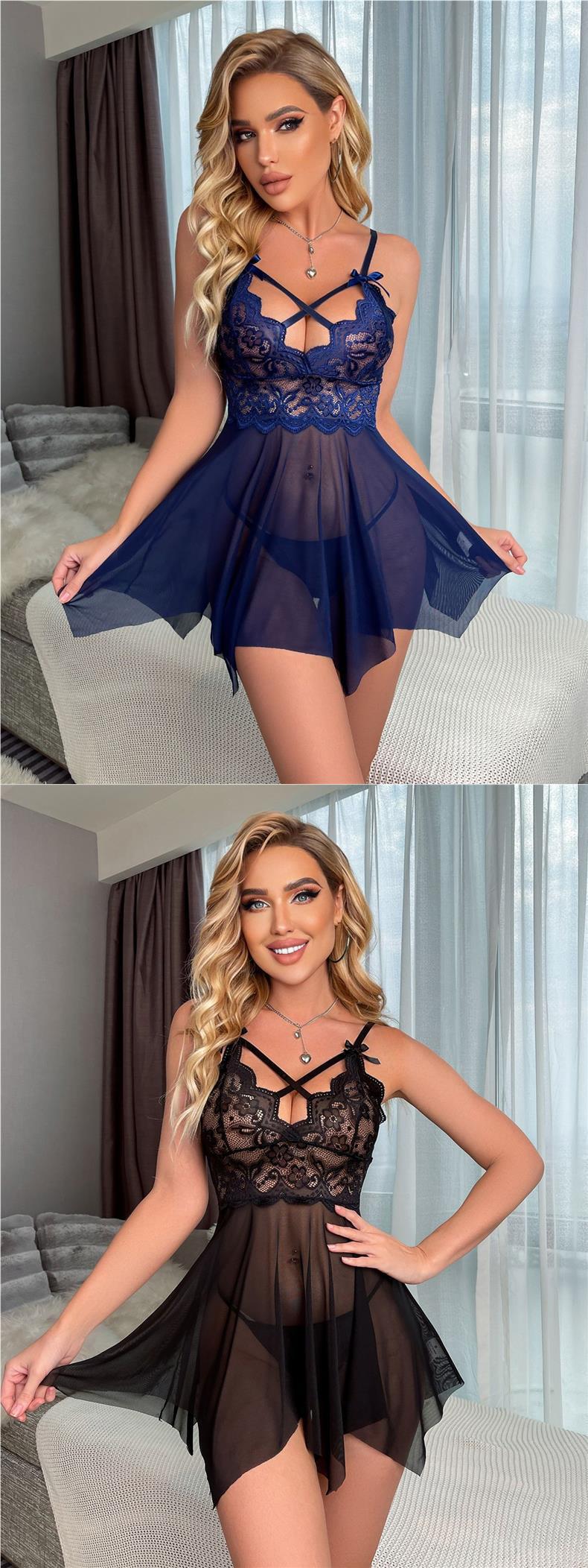 New Arrival - Thin Lace Sleepwear Set for Women - Strap Nightgown, 2-Piece