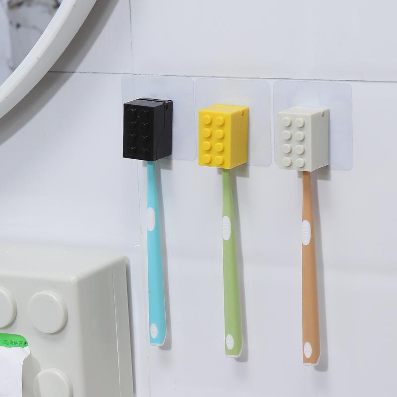 4PCs Building Blocks Shape Wall-Mounted Toothbrush Holder Bathroom Multifunctional U-Shaped Card Slot Toothbrush Draining Storage Rack