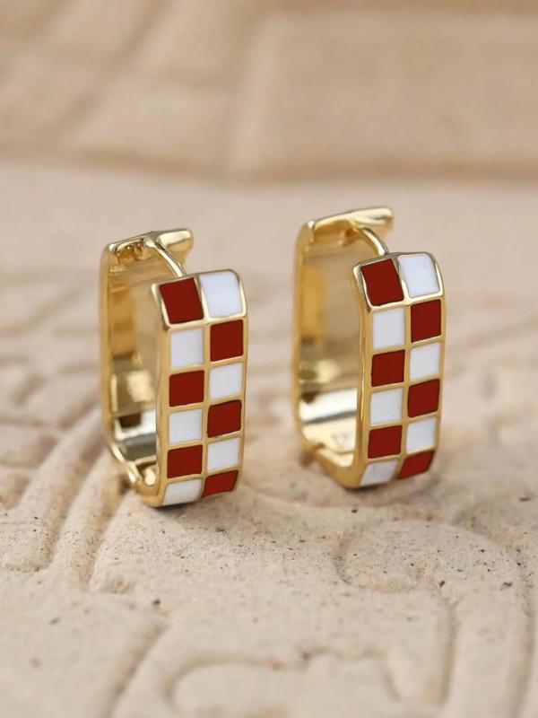 Checkerboard Pattern Hoop Earrings, Casual Enamel Drip Earring Clip for Women for Party, Daily Decor, Trendy All-match Luxury Jewelry for Gift, Fall Outfits, Fall Freshness
