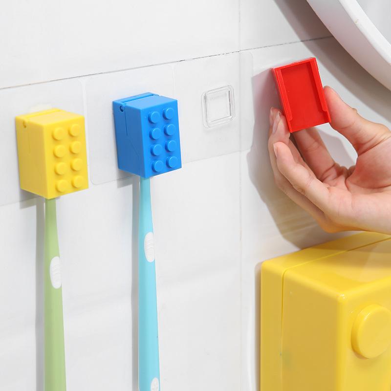 4PCs Building Blocks Shape Wall-Mounted Toothbrush Holder Bathroom Multifunctional U-Shaped Card Slot Toothbrush Draining Storage Rack