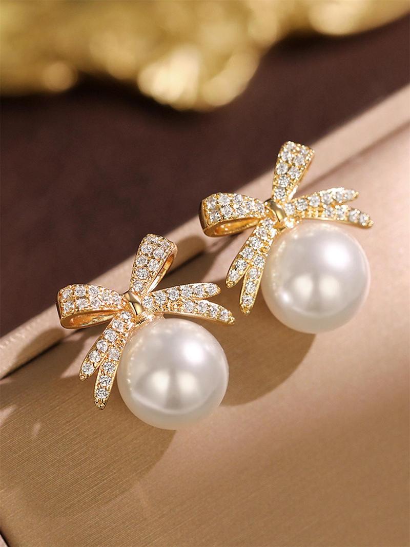 Summer Faux Pearl & Rhinestone Decor Bow Design Dangle Earrings, Elegant Jewelry for Women for Party, Daily Clothing Decor, Trendy Jewelry As Gift