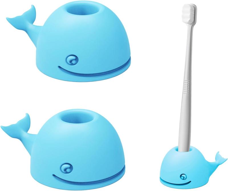 Toothbrush Holders for Bathrooms, 2-Pack Cute Mini Silicone Whale Tooth Brush Organizer, Tooth Brushing Holder for Bathroom Countertop, Baby Blue