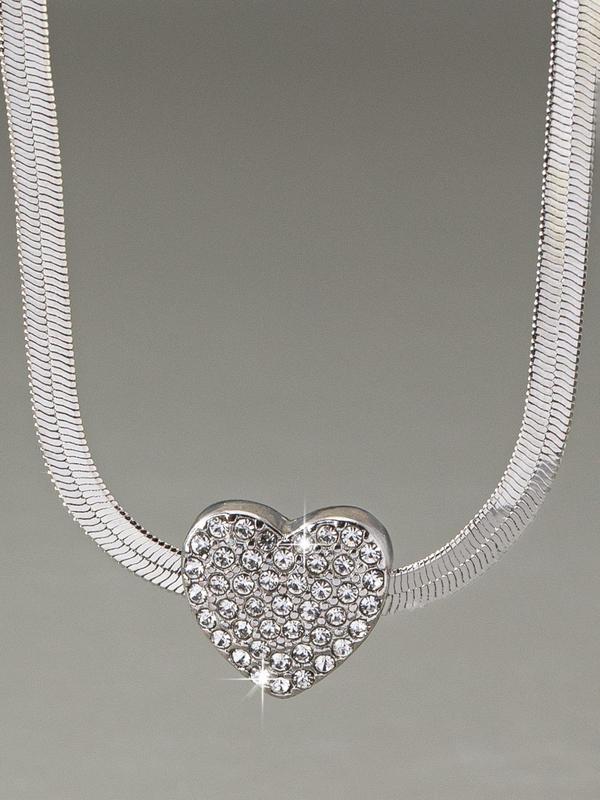 Women's Elegant Rhinestone Decorated Heart Design Pendant Necklace, Exquisite Trendy Pendant Necklace, Chic Jewelry for Party & Daily Clothing Decor