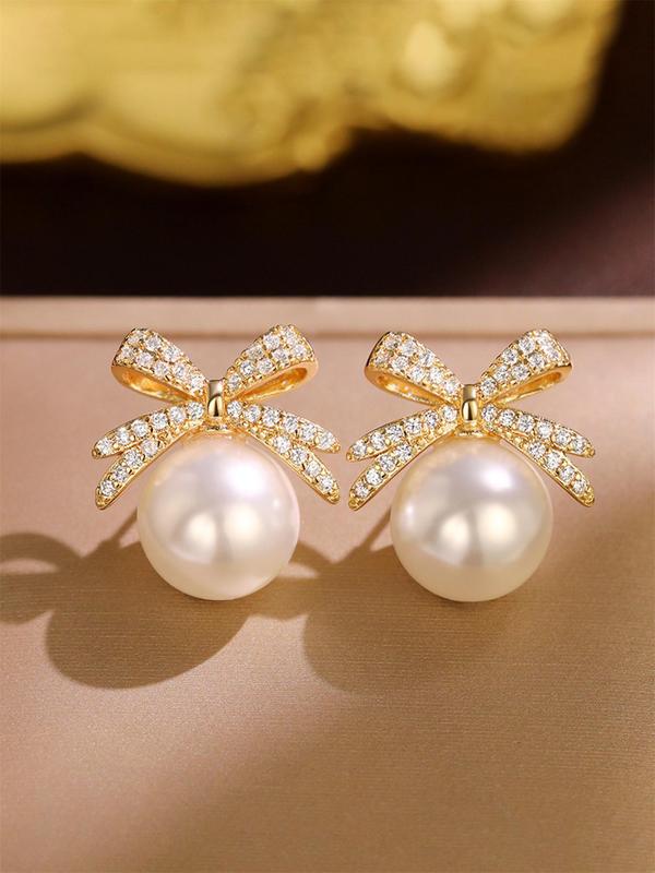Summer Faux Pearl & Rhinestone Decor Bow Design Dangle Earrings, Elegant Jewelry for Women for Party, Daily Clothing Decor, Trendy Jewelry As Gift