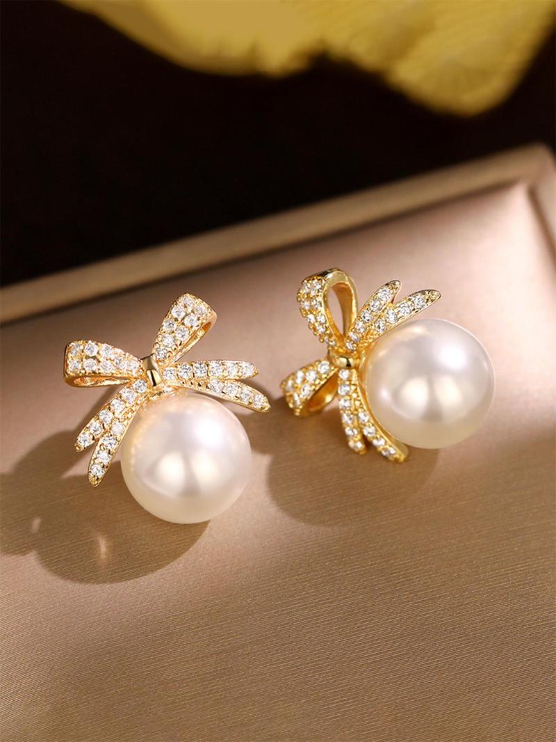 Summer Faux Pearl & Rhinestone Decor Bow Design Dangle Earrings, Elegant Jewelry for Women for Party, Daily Clothing Decor, Trendy Jewelry As Gift