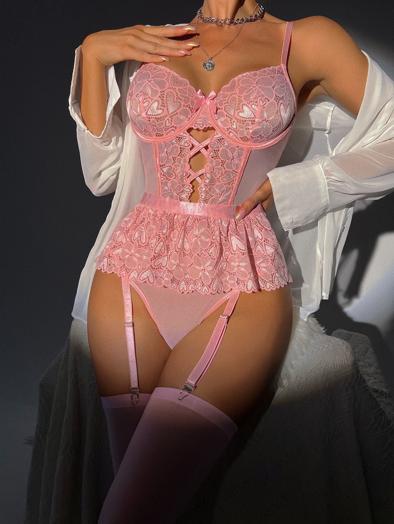Lace Hollow-Out Backless Heart Temptation Bodycon Bodysuit for Women - Sexy Lingerie