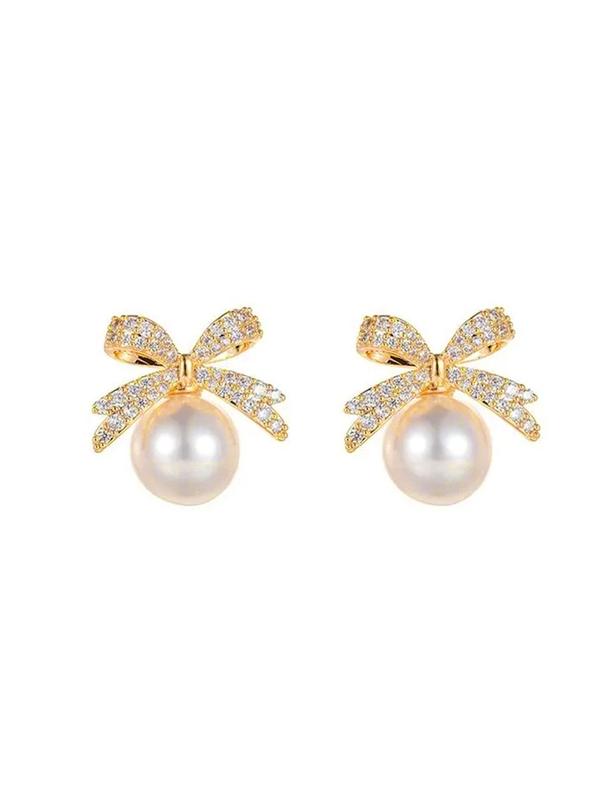 Summer Faux Pearl & Rhinestone Decor Bow Design Dangle Earrings, Elegant Jewelry for Women for Party, Daily Clothing Decor, Trendy Jewelry As Gift