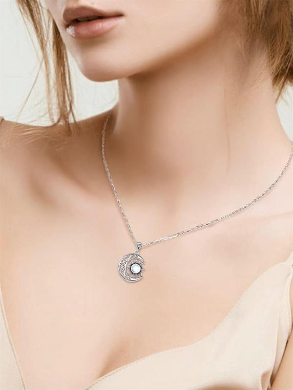 Women's Hollow Out Moon & Sun Design Pendant Necklace, Inlaid Artificial Gemstone, Elegant Necklace for Party, Daily Decor For, Exquisite Jewelry for Gift