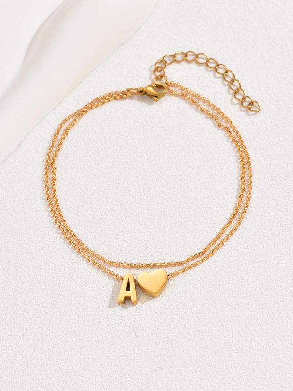 Fashion Double Layer Heart & Initial Letter Charm Ankle, 2024 Casual Foot Matching Ankle Bracelets Jewelry for Beach Vacation, Simple Fashion Accessories for Women