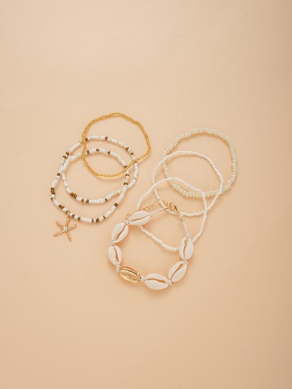 Shell & Star Decor Beaded Anklet, Fashionable Faux Pearl Decorated Anklet for Women & Girls, Style for Birthday Gift Back To School