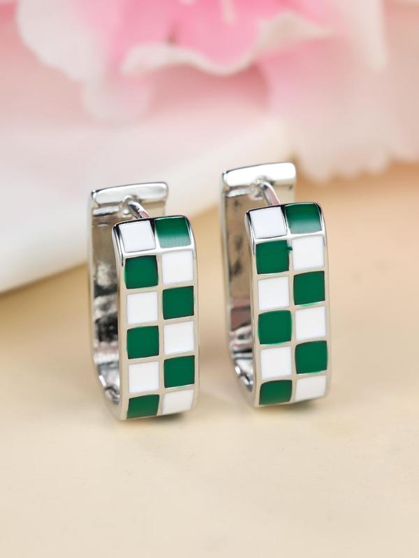 Checkerboard Pattern Hoop Earrings, Casual Enamel Drip Earring Clip for Women for Party, Daily Decor, Trendy All-match Luxury Jewelry for Gift, Fall Outfits, Fall Freshness