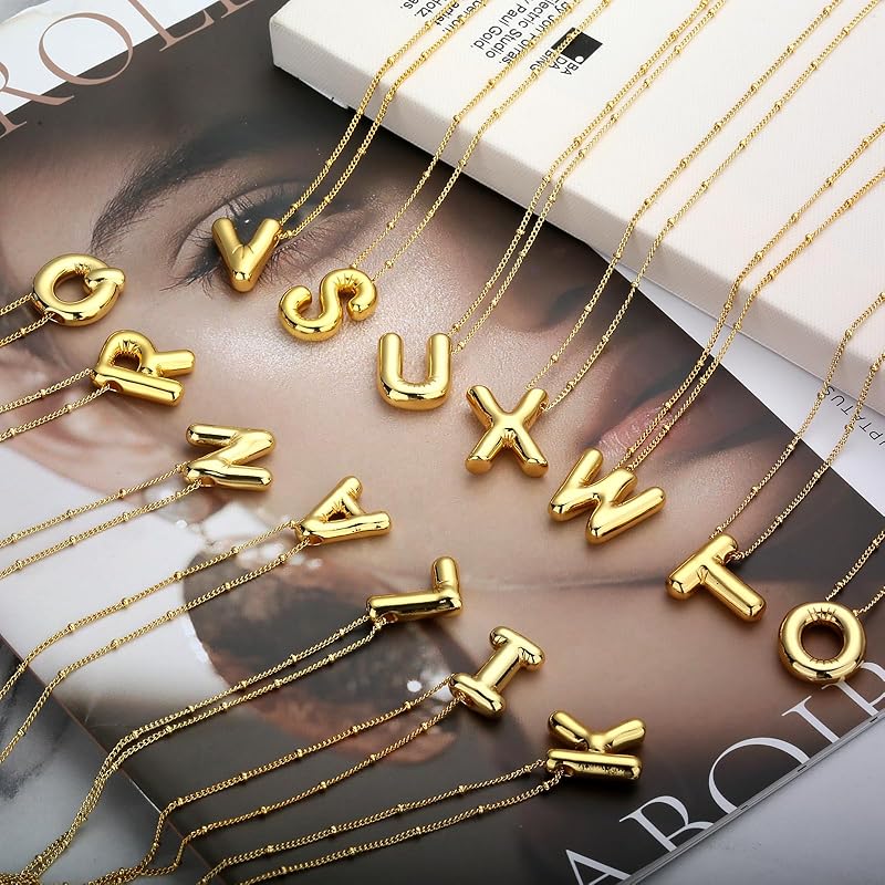 Christmas gifts&specials 18k Bubble Letter Necklace Gold for Women, Rhinestone Bubble Balloon Initial Necklace for Her, Charm Puff Letter Name Pendant Chunky Alphabet necklace