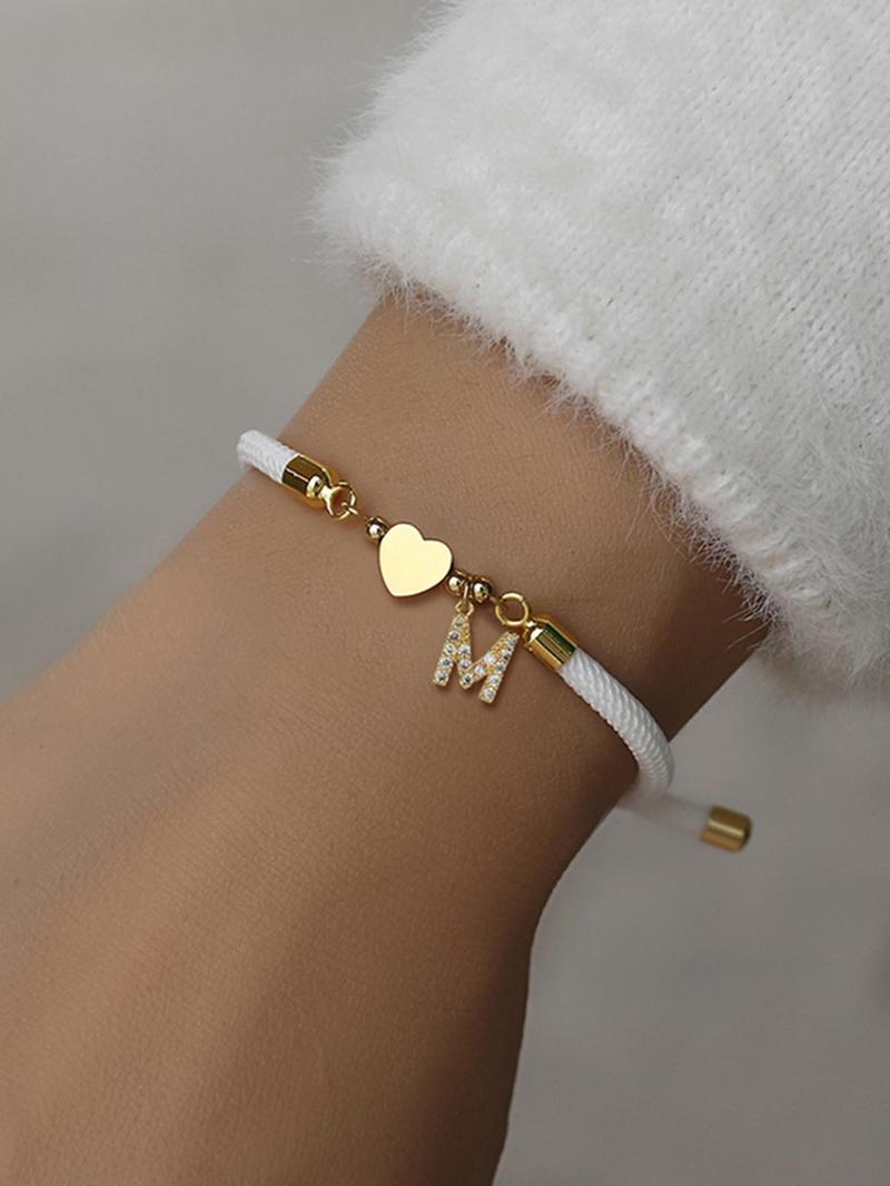 Initial Heart Charm Link Bracelet, Fashion All-match Jewelry for Women, Retro Adjustable Rope Bracelet for Daily Use