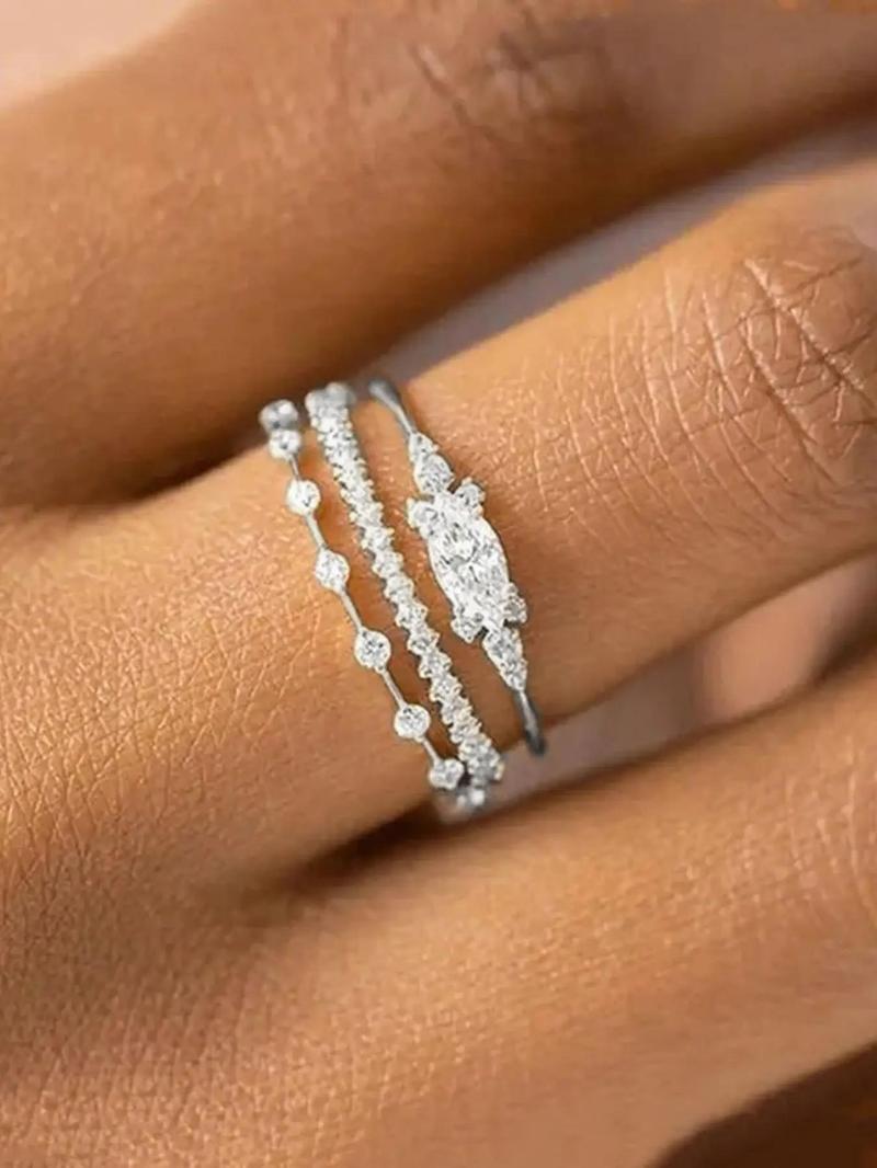 Women's Elegant Rhinestone Decor Promise Stack Rings, 3pcs/set Trendy Exquisite Engagement Rings, Chic Fashionable Jewelry As Gift for Women and Girls, for Fall Fall Sets