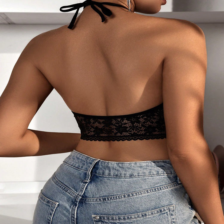 Sexy Women's Lace Deep V Bra with Hollow Out Back, Neck-Hanging, and See-Through Innerwear for Couples | Valentine's Day Gift