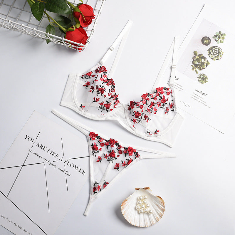 New Arrival - Sexy Sheer Women's Lingerie Set with Flower Embroidery, Elastic Design, Perfect for Romance