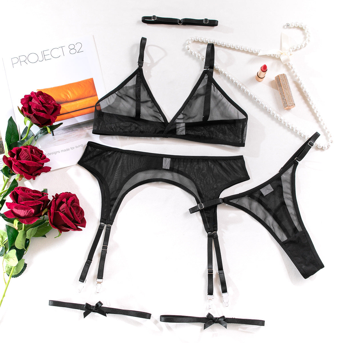 New Arrival Sexy Netted Bra Set with Bow and No-Underwire - 5-Piece with Cape for Women | Perfect for Date Night