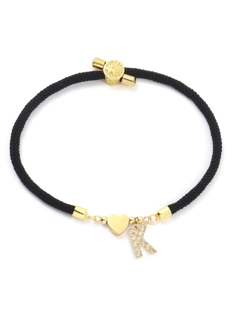 Initial Heart Charm Link Bracelet, Fashion All-match Jewelry for Women, Retro Adjustable Rope Bracelet for Daily Use
