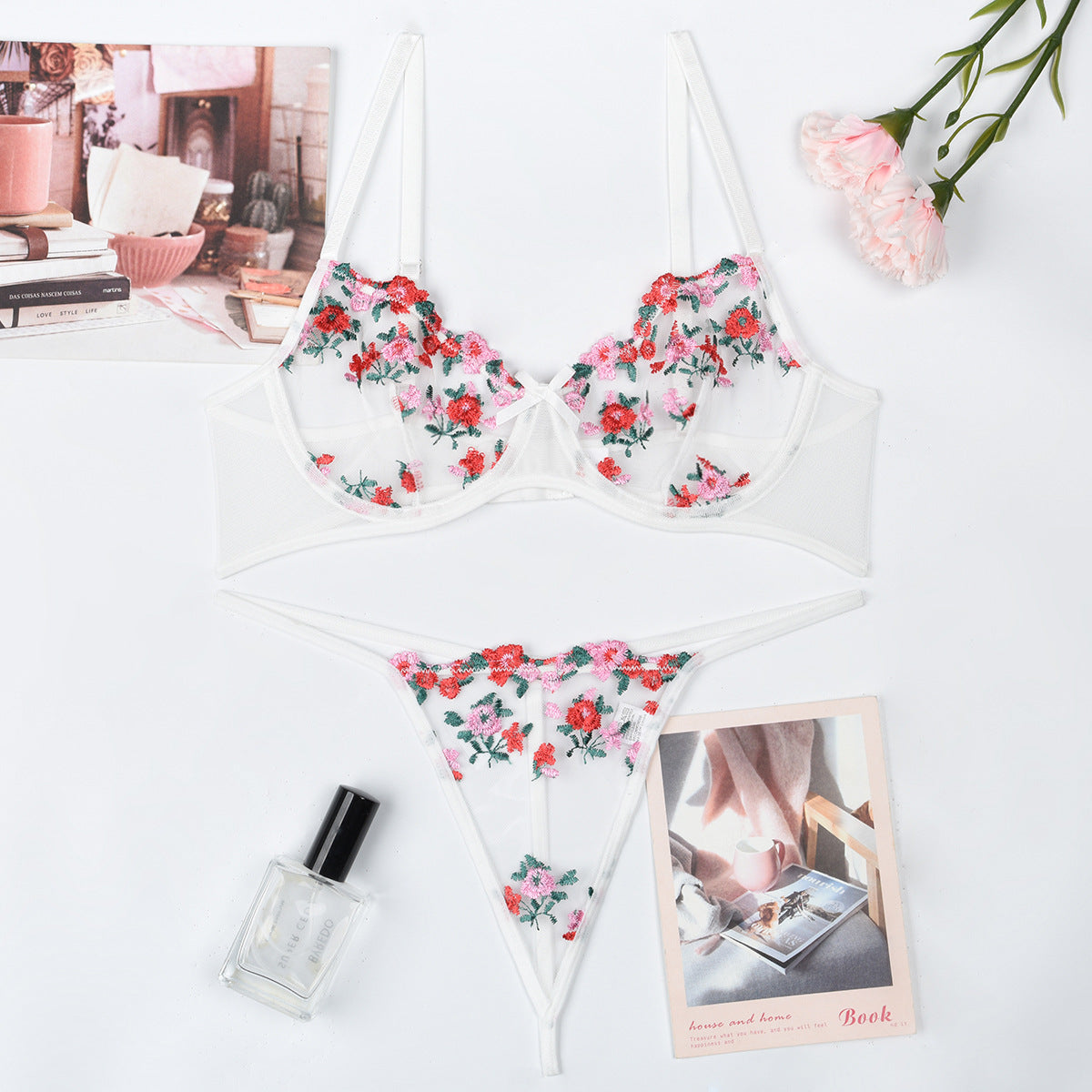 New Arrival - Sexy Sheer Women's Lingerie Set with Flower Embroidery, Elastic Design, Perfect for Romance