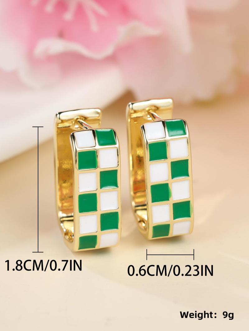 Checkerboard Pattern Hoop Earrings, Casual Enamel Drip Earring Clip for Women for Party, Daily Decor, Trendy All-match Luxury Jewelry for Gift, Fall Outfits, Fall Freshness