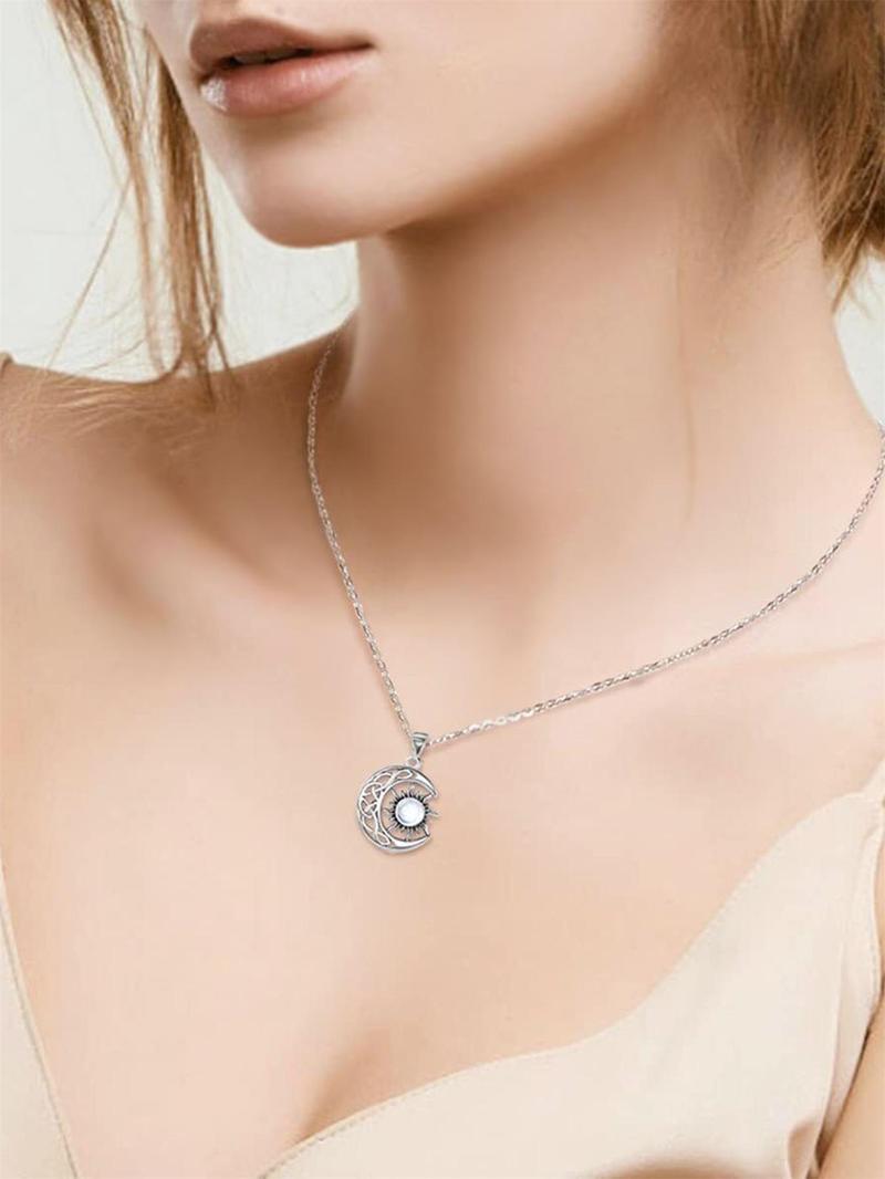 Women's Hollow Out Moon & Sun Design Pendant Necklace, Inlaid Artificial Gemstone, Elegant Necklace for Party, Daily Decor For, Exquisite Jewelry for Gift