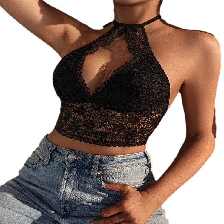 Sexy Women's Lace Deep V Bra with Hollow Out Back, Neck-Hanging, and See-Through Innerwear for Couples | Valentine's Day Gift