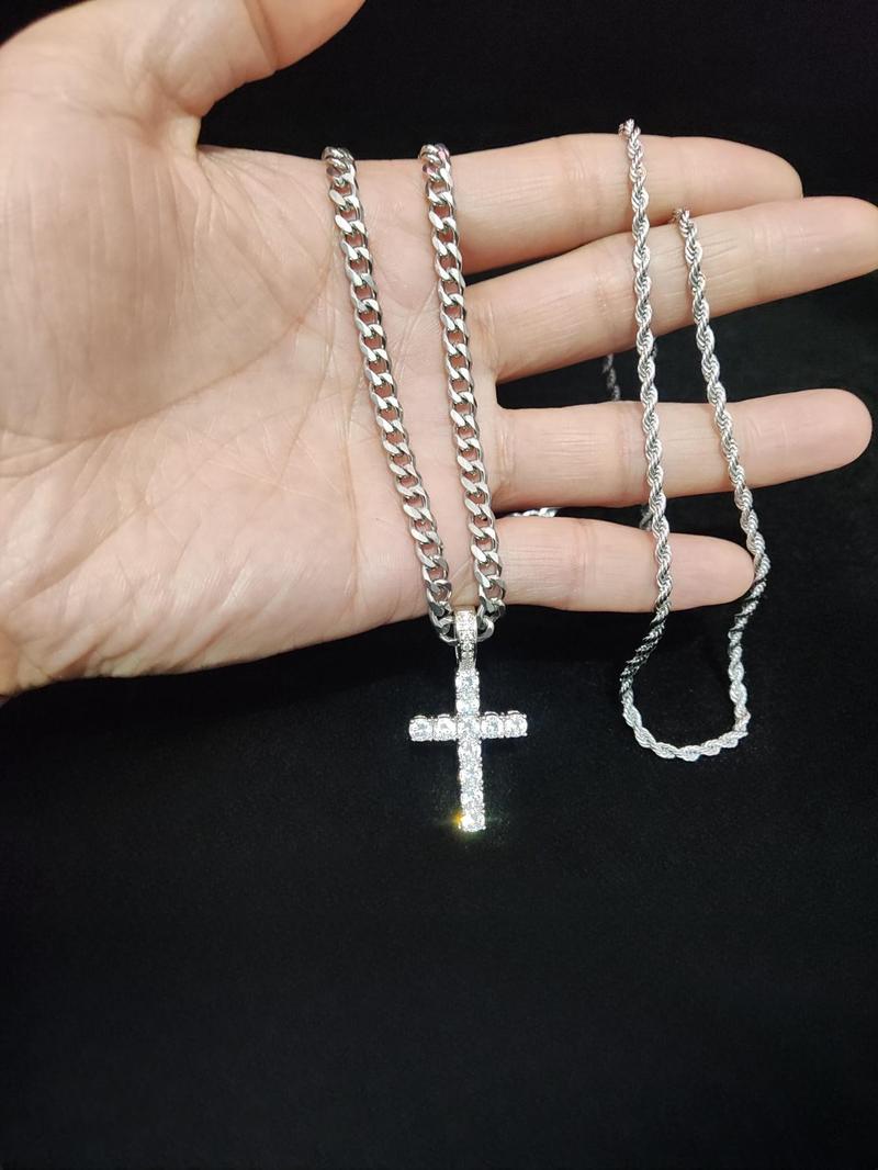 2024 Hip Hop Twist Chain Necklace & Rhinestone Cross Pendant Necklace, Birthday Gift for Bestie, Stainless Steel Matching Necklace Jewelry, Back To School Accessories, Fall Outfits, Fall Freshness Streetwear Mascs