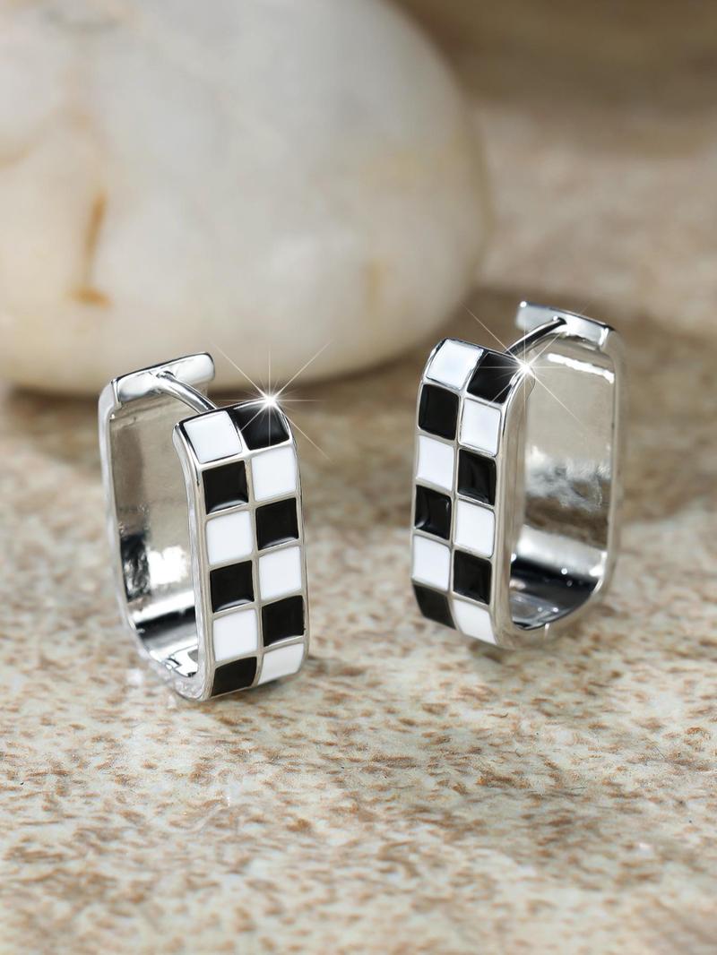 Checkerboard Pattern Hoop Earrings, Casual Enamel Drip Earring Clip for Women for Party, Daily Decor, Trendy All-match Luxury Jewelry for Gift, Fall Outfits, Fall Freshness