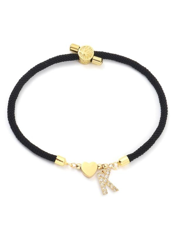 Initial Heart Charm Link Bracelet, Fashion All-match Jewelry for Women, Retro Adjustable Rope Bracelet for Daily Use