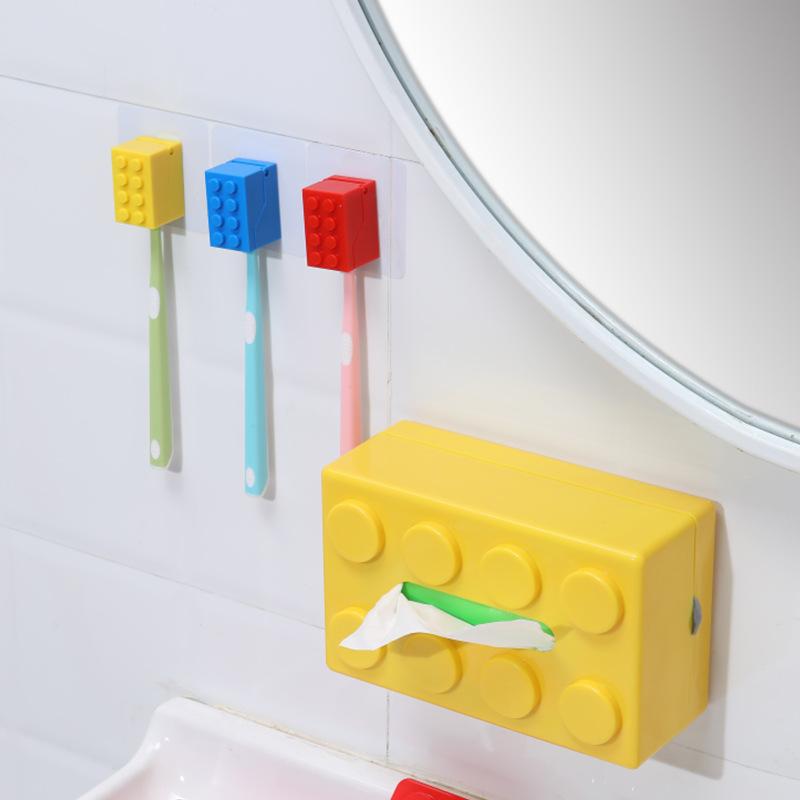 4PCs Building Blocks Shape Wall-Mounted Toothbrush Holder Bathroom Multifunctional U-Shaped Card Slot Toothbrush Draining Storage Rack