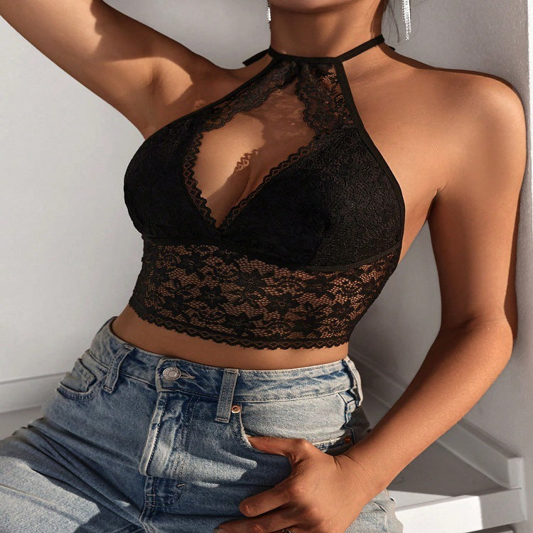 Sexy Women's Lace Deep V Bra with Hollow Out Back, Neck-Hanging, and See-Through Innerwear for Couples | Valentine's Day Gift