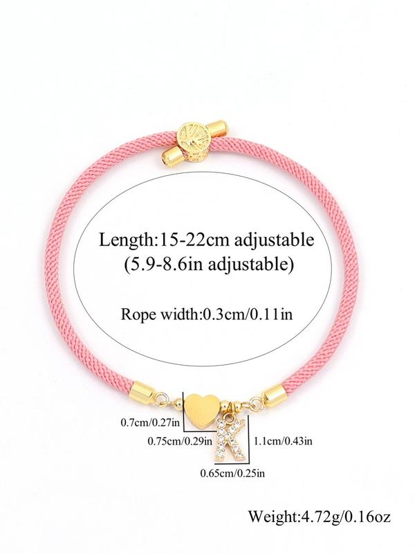 Initial Heart Charm Link Bracelet, Fashion All-match Jewelry for Women, Retro Adjustable Rope Bracelet for Daily Use